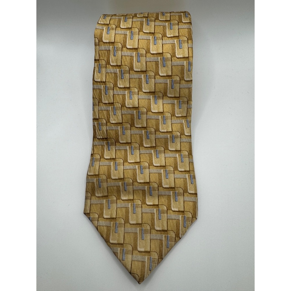 Stafford Geometric Pattern Silk Blend Necktie‎ Mens Gold Brown Blue